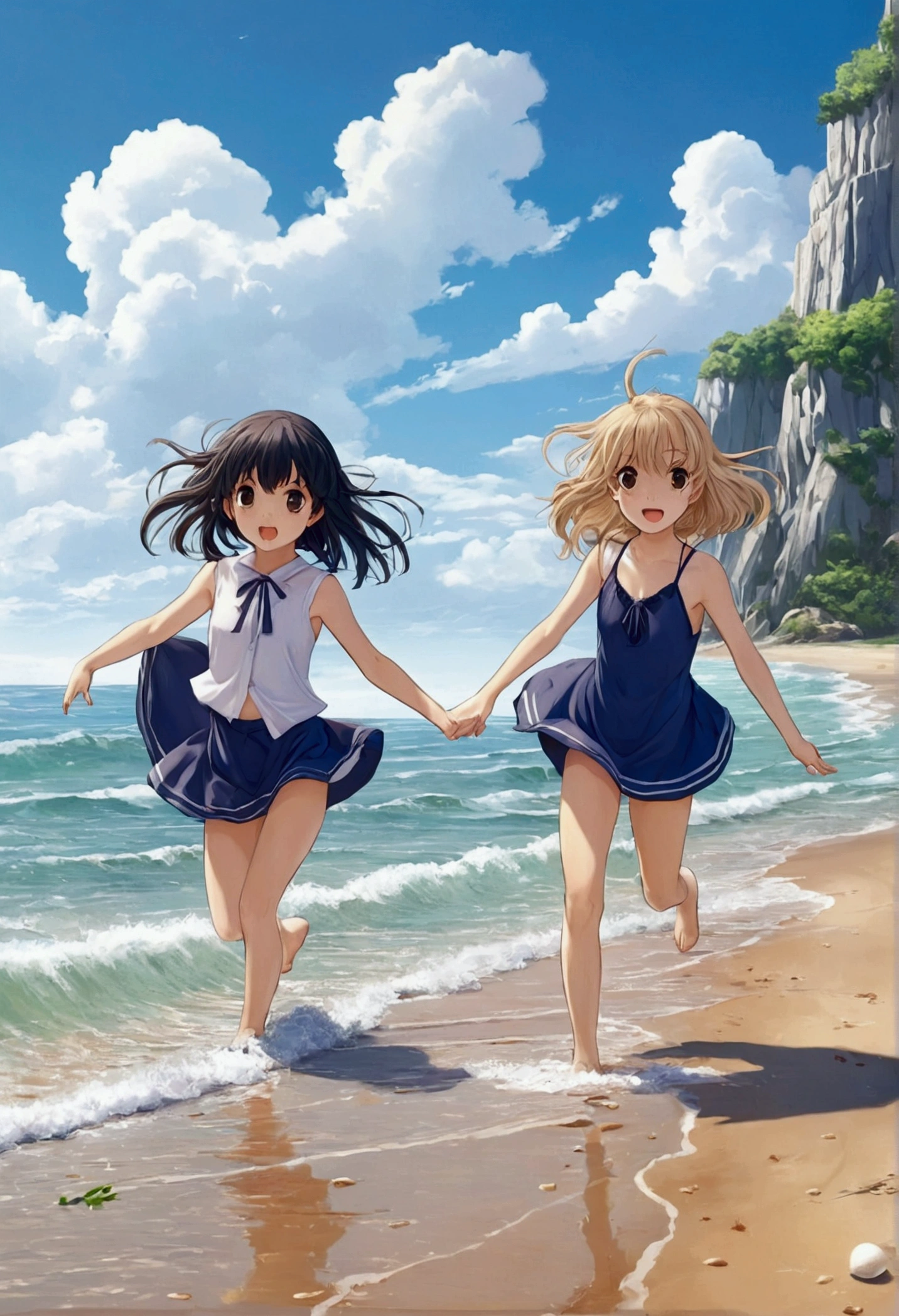 Cute little anime girls playing at the beach exploring thair little body's