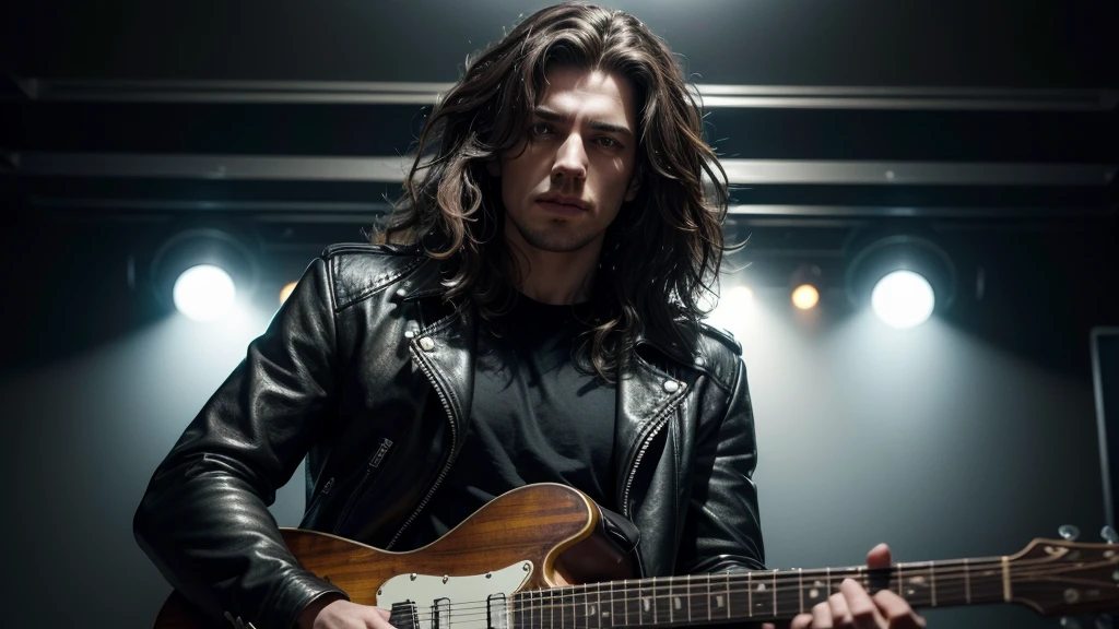 detailed portrait of a male rock star, 1man, playing an electric guitar, long curly hair, leather jacket, dynamic pose, dramatic lighting, grungy dark background, cinematic, moody, (best quality,4k,8k,highres,masterpiece:1.2),ultra-detailed,(realistic,photorealistic,photo-realistic:1.37),cinematic lighting,dramatic shadows,vibrant colors,hyperrealistic