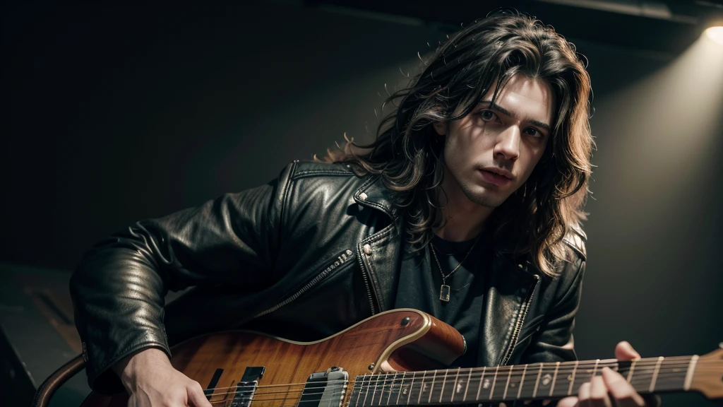 detailed portrait of a male rock star, 1man, playing an electric guitar, long curly hair, leather jacket, dynamic pose, dramatic lighting, grungy dark background, cinematic, moody, (best quality,4k,8k,highres,masterpiece:1.2),ultra-detailed,(realistic,photorealistic,photo-realistic:1.37),cinematic lighting,dramatic shadows,vibrant colors,hyperrealistic