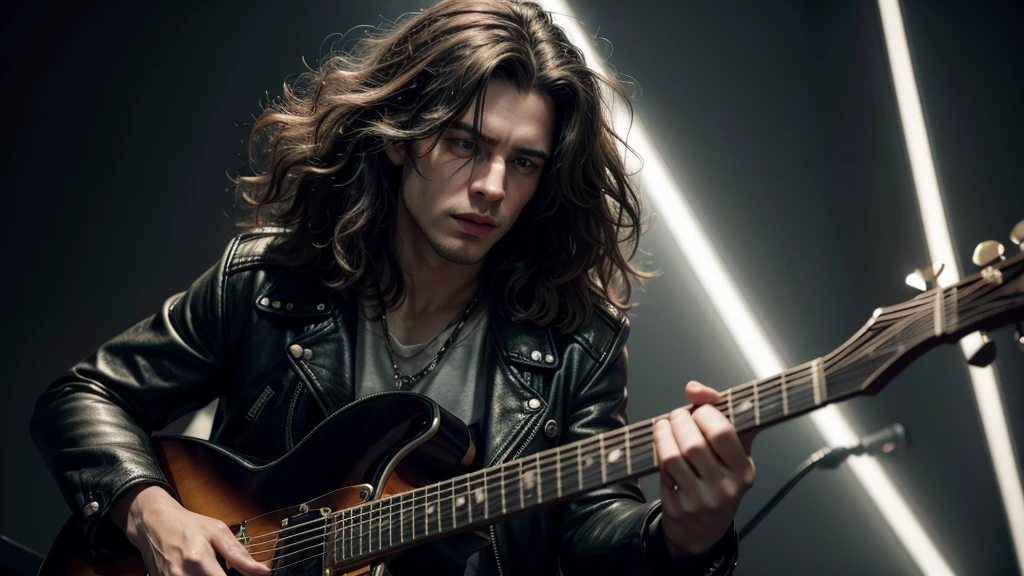 detailed portrait of a male rock star, 1man, playing an electric guitar, long curly hair, leather jacket, dynamic pose, dramatic lighting, grungy dark background, cinematic, moody, (best quality,4k,8k,highres,masterpiece:1.2),ultra-detailed,(realistic,photorealistic,photo-realistic:1.37),cinematic lighting,dramatic shadows,vibrant colors,hyperrealistic