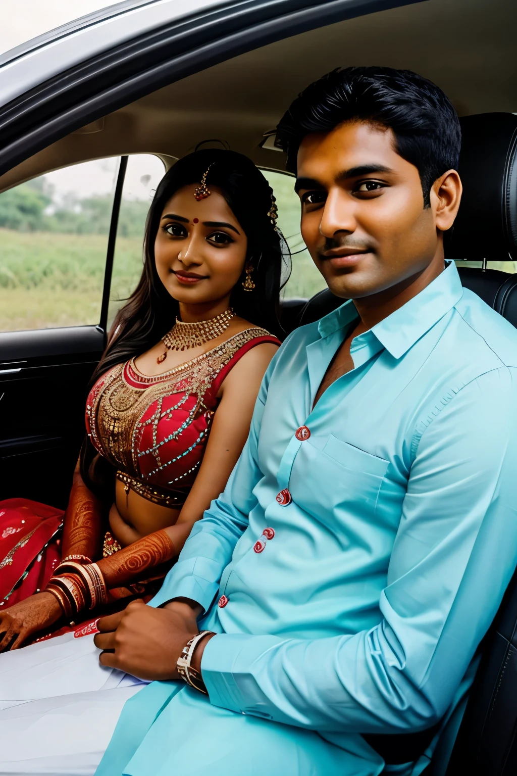 Indian new married couple in the car