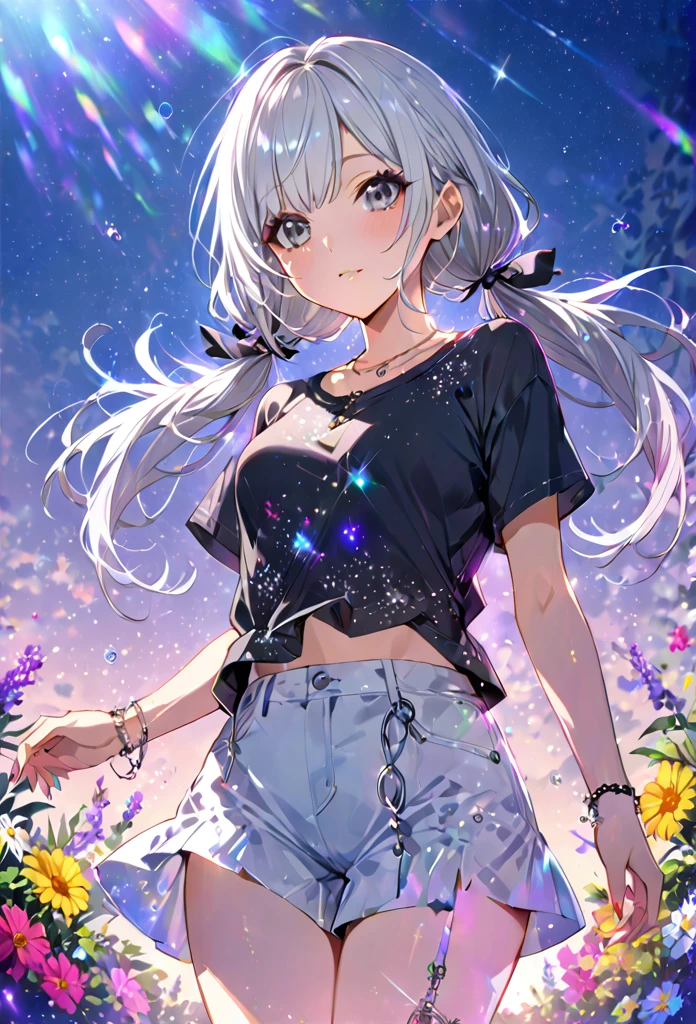Highest quality masterpiece High resolution masterpiece Silver Hair Grey Eyes Low Twintails、Casual summer outfits flowerpunk、sparkling particles of light、Vivid gradient effects