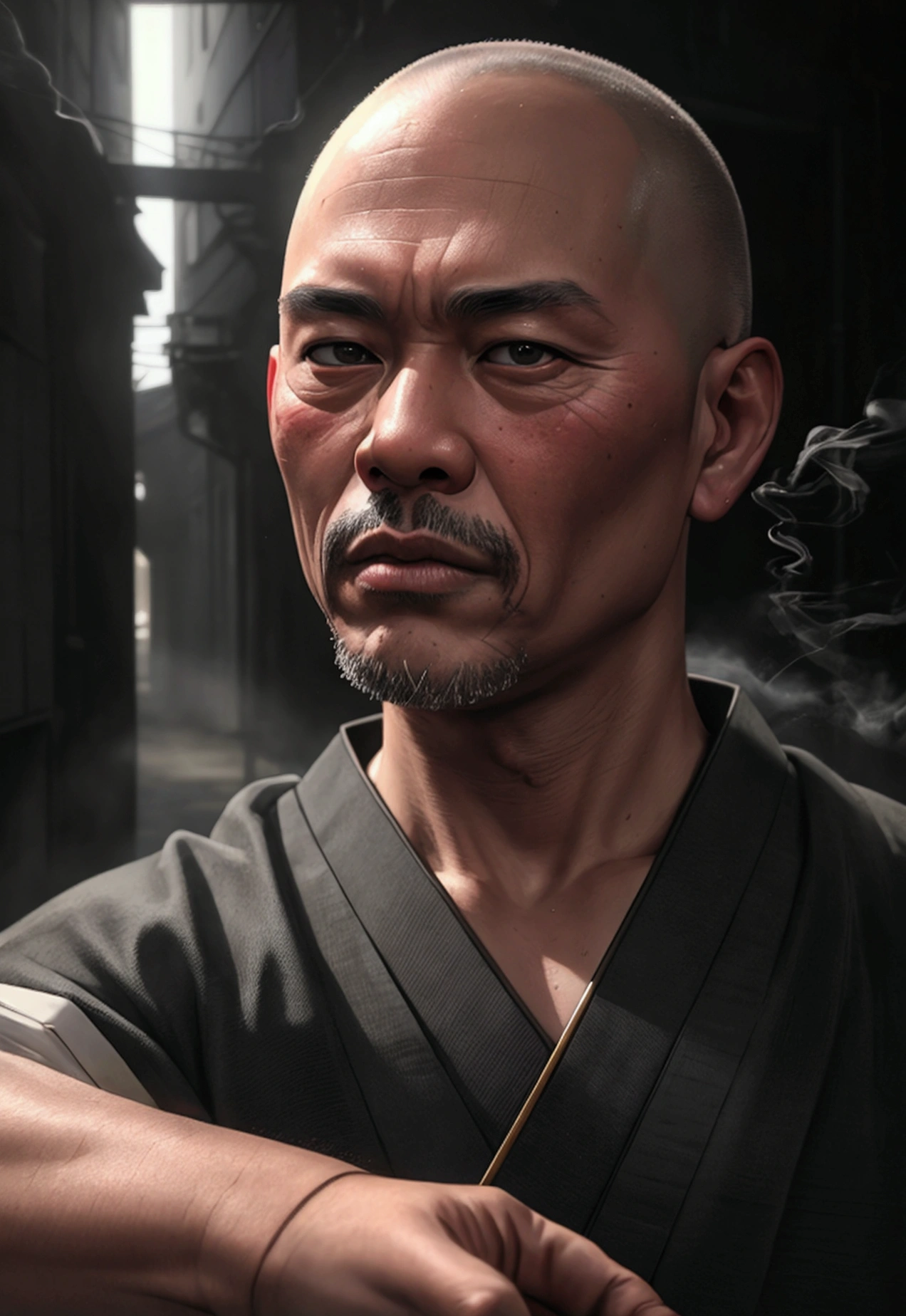 (Highest quality,4K,8k,High resolution,masterpiece:1.2),Very detailed,(Realistic,photoRealistic,photo-Realistic:1.37),anime,Skinhead,round face,Middle-aged Asian man,white stubble,Hakama,black eye,Japanese sword,Grainy cityscape,Dark Alley,Mysterious Shadow,Spectacular Background,Smoke effect,Vibrant colors,Concept Artist,Moody lighting,superpower