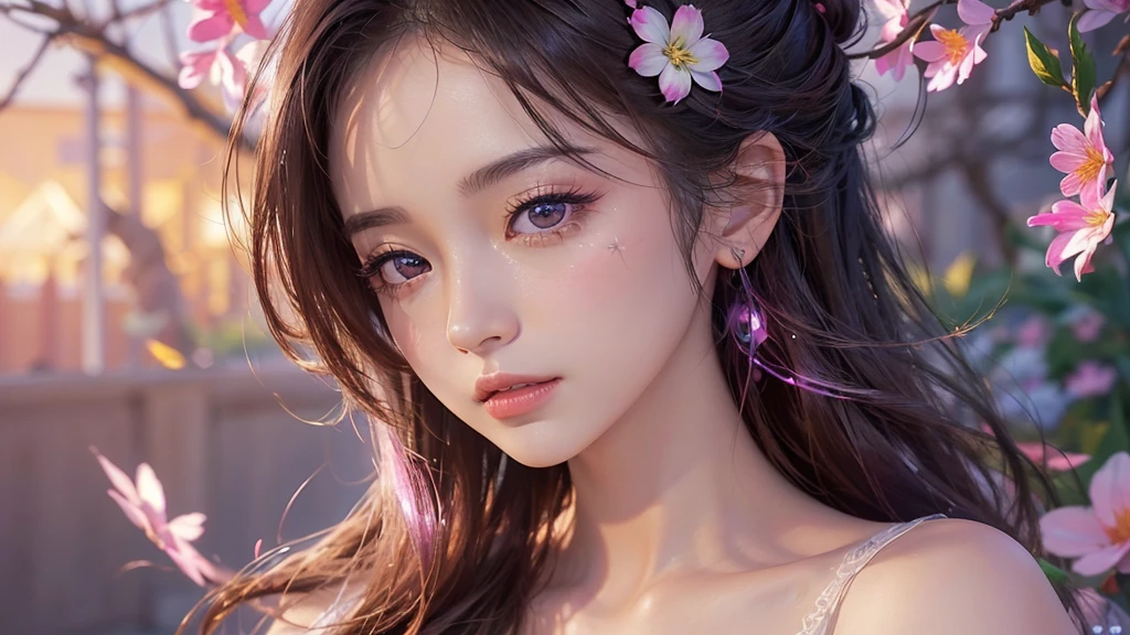 One girl, alone, flower畑, flower, (Official Art, unity 8k wallpaper, Super detailed, beautifully、aesthetic, masterpiece ,Highest quality:1.3), (Dynamic Angle:1.2), (Floating colorful sparkles:1) , elegant, Vibrant colors, Highly detailed face, Detailed eyes, Glowing Skin, Glossy Lips ,