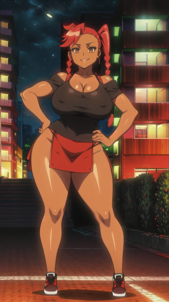 4K Quality, cute smile, over the shoulder pose, black and red skirt, black and red jordans, standing up, black and red braids, (dark skinned), thick thighs, big breasted, big ass, looking at viewer, amber eyes, night time, bedroom eyes, full body, city background, perfect face, perfect body, perfect eyes, full lips,
