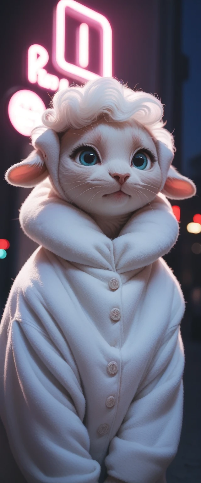 portrait, Cute cat and puppy wearing sheep clothes, Low light, Bad temper, Neon lights in the night city 8k