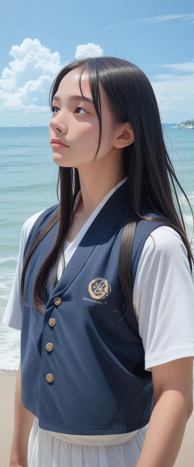 a young man with long Black Hair and a vest on standing in front of the ocean with a blue sky空, (1 Girl:0.955), (Bangs:0.575), (black eyes:0.572), (Black Hair:0.709), (blue sky空:0.985), (Shut up:0.536), (cloud:0.927), (sky:0.980), (horizon:0.816), (Japanese clothes:0.511), (Lips:0.7), (Long hair:0.775), (Looking at the audience:0.811), (nose:0.534), (ocean:0.950), (outdoor:0.734), (Practical:0.814), (sky空:0.988), (Solitary:0.937), (Upper Body:0.557), (water:0.600)