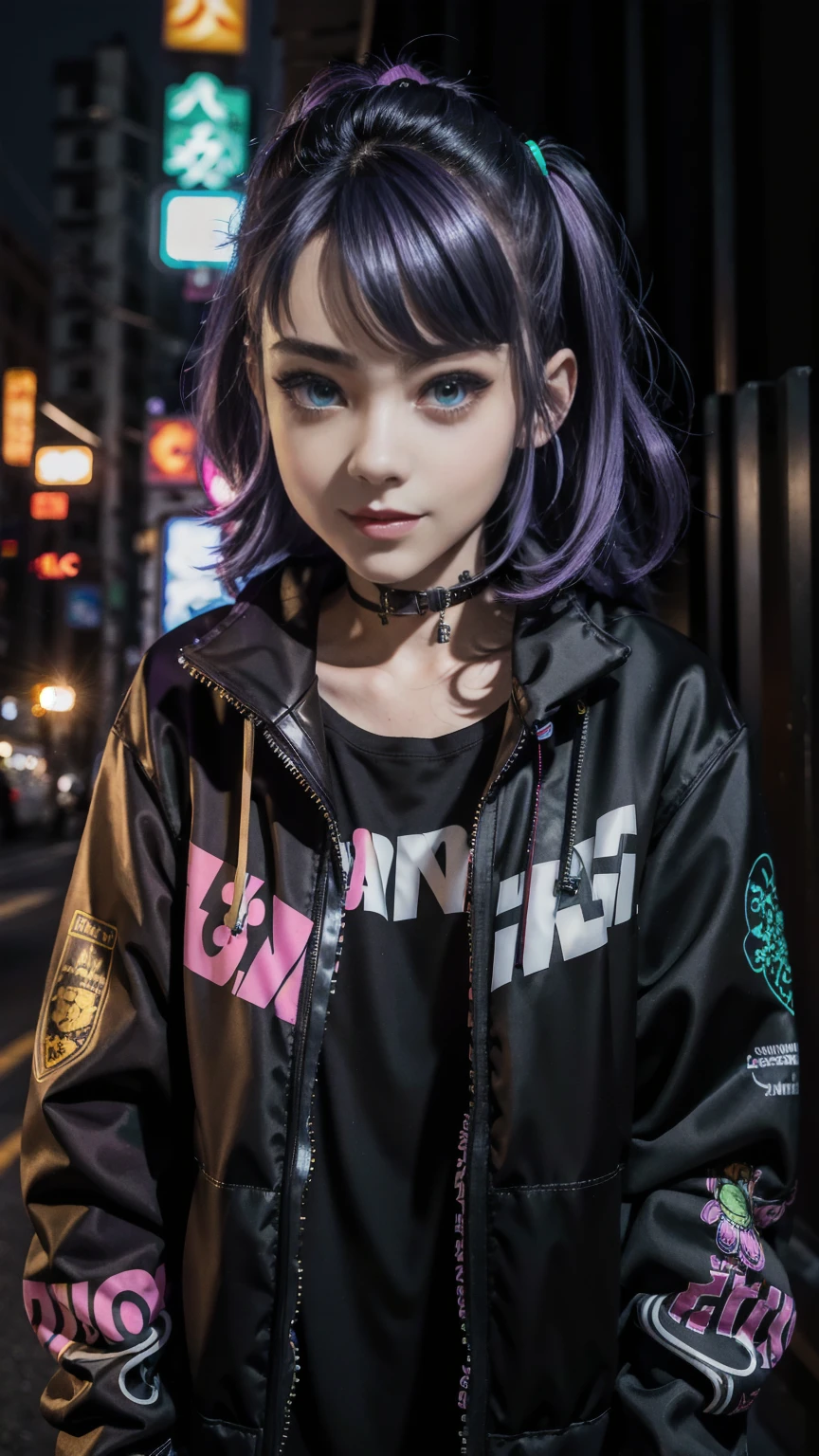masterpiece, Best Quality, half body, portrait, city at night, 1 girl, alone, cheered up, 3D, Japan, pixar, realist, young girl, smiling, beautiful face, harajuku fashion style, cyberpunk coat with neon lights, beautiful, showy, Neon lights, cyberpunk, black and purple hair, seeds skin, illustration, subway station, stanley artgerm lau painting, side glance, foreshortening, 8k extremadamente detallado, seeds, High resolution, ultra quality, very detailed eyes, very detailed mouth, Very detailed face, Perfect eyes, Both eyes are the same, true light, Glare, iridescent, global illumination, real hair movement, true light, real shadow, The real way, High Definition, 2k, 4k, 8k, 16k, realist light, realist shadow, bright Eyes, fluorescent eyes, luz outfit, dream light