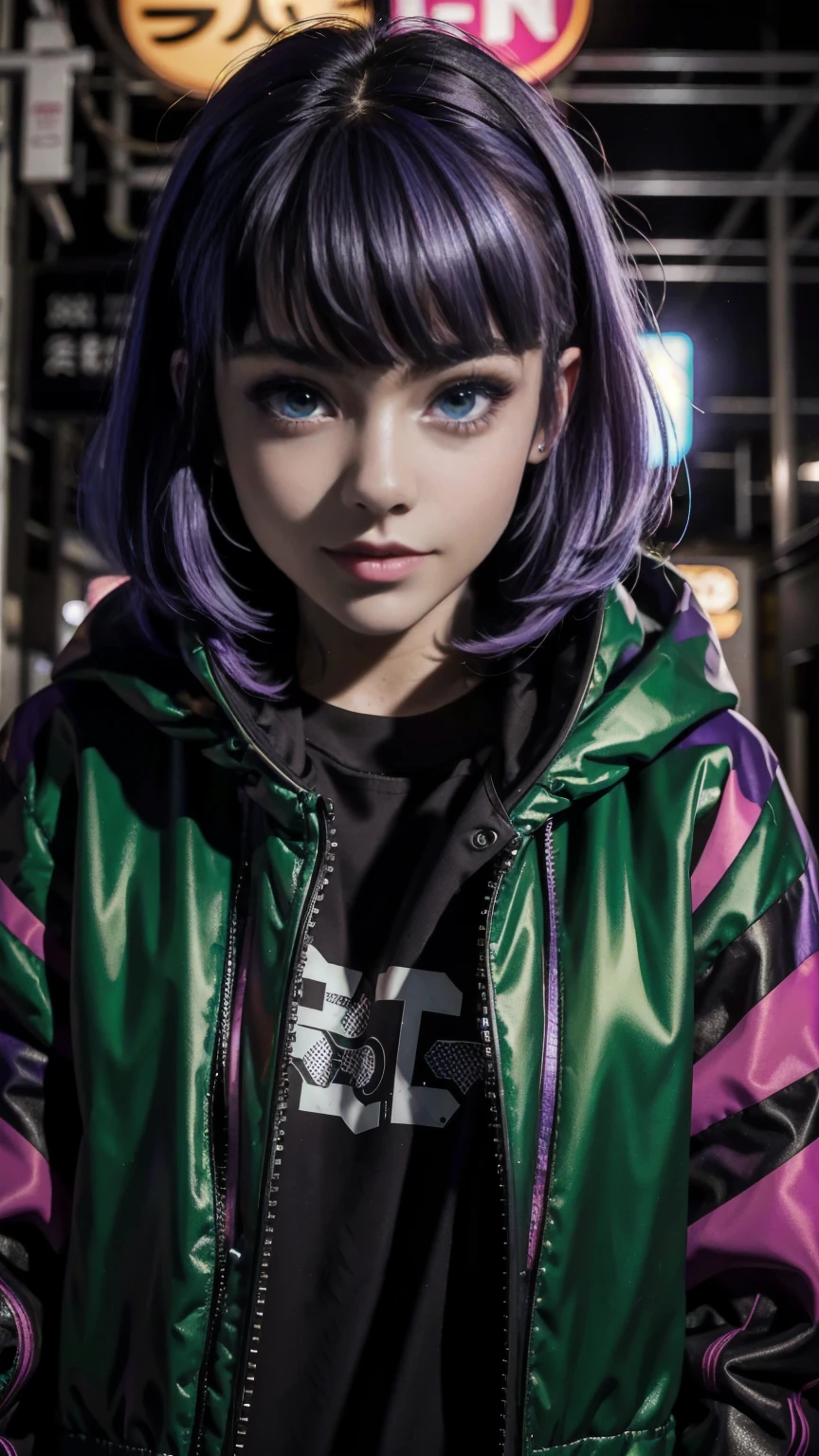 masterpiece, Best Quality, half body, portrait, city at night, 1 girl, alone, cheered up, 3D, Japan, pixar, realist, young girl, smiling, beautiful face, harajuku fashion style, cyberpunk coat with neon lights, beautiful, showy, Neon lights, cyberpunk, black and purple hair, seeds skin, illustration, subway station, stanley artgerm lau painting, side glance, foreshortening, 8k extremadamente detallado, seeds, High resolution, ultra quality, very detailed eyes, very detailed mouth, Very detailed face, Perfect eyes, Both eyes are the same, true light, Glare, iridescent, global illumination, real hair movement, true light, real shadow, The real way, High Definition, 2k, 4k, 8k, 16k, realist light, realist shadow, bright Eyes, fluorescent eyes, luz outfit, dream light