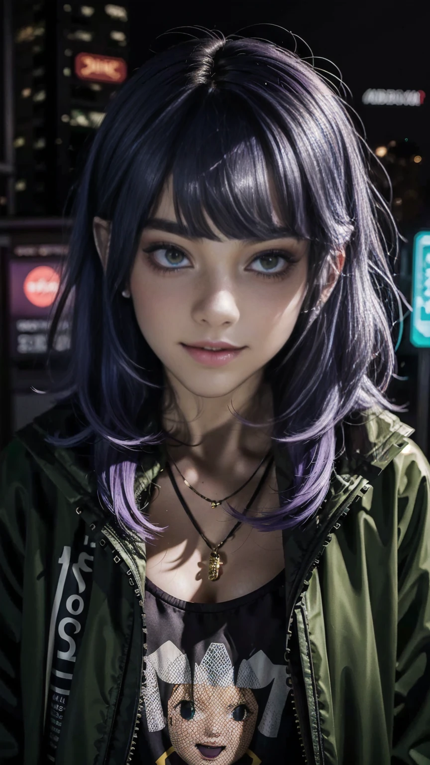 masterpiece, Best Quality, half body, portrait, city at night, 1 girl, alone, cheered up, 3D, Japan, pixar, realist, young girl, smiling, beautiful face, harajuku fashion style, cyberpunk coat with neon lights, beautiful, showy, Neon lights, cyberpunk, black and purple hair, seeds skin, illustration, subway station, stanley artgerm lau painting, side glance, foreshortening, 8k extremadamente detallado, seeds, High resolution, ultra quality, very detailed eyes, very detailed mouth, Very detailed face, Perfect eyes, Both eyes are the same, true light, Glare, iridescent, global illumination, real hair movement, true light, real shadow, The real way, High Definition, 2k, 4k, 8k, 16k, realist light, realist shadow, bright Eyes, fluorescent eyes, luz outfit, dream light