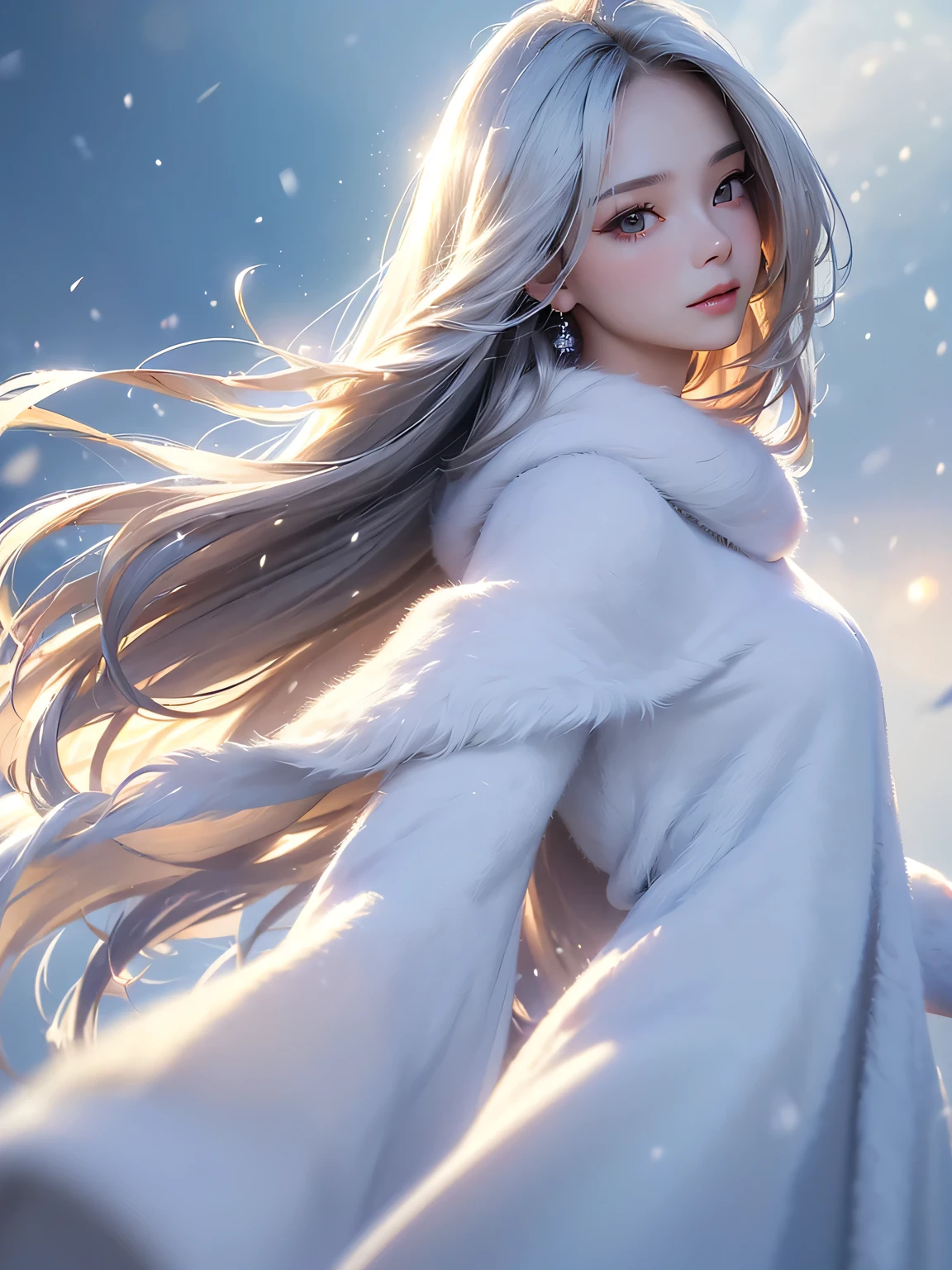((masterpiece:1.5、8k、Portraiture、Photorealistic and very detailed CG、Very detailed、Particle Effects、Dynamic Effects、Shallow depth of field、Cinematic Light、Lens flare、Ray Tracing、Tabletop、Realistic:1.4、Ultra-high resolution:1.2、Realistic、Realistic))((alone、,Woman wearing a white fur coat over an off-the-shoulder sweater:1.4、wear a long scarf、Elegant woman posing、Detailed face、brightexpression、young, bright, Whiter skin、Ample breasts、Best Looks、Ultimate beauty、Shiny silver hair with highlights、bright and shiny hair,、Super long, Silky straight hair、Hair dancing in the wind))(morning、The setting is outdoors in the snow、Surrounded by illuminations)
