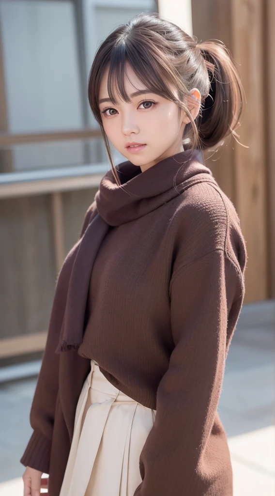 blush,Long hair ponytail,A big ribbon in her hair,(8k, RAW Photos, Highest quality, The pieces fly:1.2), (reality, Realistic:1.4), (非常に詳細な8k壁紙), Sharp focus, Depth of written border, Cinema Lighting, Soft Light, Detailed beauty eyes,Shiny and smooth light brown ponytail, Asymmetrical bangs, Glowing Skin, Highly detailed skin ,High resolution, Attention to detail, Detailed hairstyle, Detailed beauty face, Hyper Real, Perfect limbs, Perfect Anatomy ,1 Japanese girl,Famous Japanese Idols, Perfect female body,A shy smile,short eyelashes,double eyelid,Look straight here,Hairstyle: Ponytail,Attach a ribbon, office,Long ponytail hairstyles,Wear a scrunchie,Wearing a long coat,Street,Stand up straight and pose,The whole body becomes visible,winter,Warm clothes,look straight at me,Wear a scarf,It's snowing,Wear a black long-sleeved coat,European cityscape,Cobblestone Street,A European church can be seen in the background.,In front of a European church,Dusk time,The lights are shining