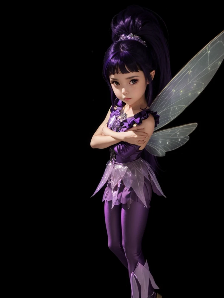 A beautiful fairy with purple outfit set, with light purple wings, black hair shiny purple