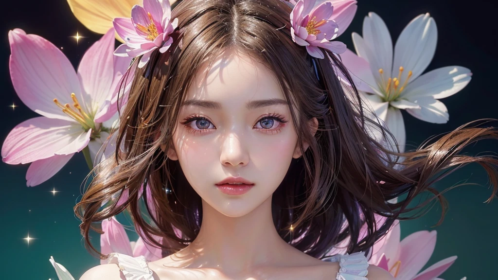 One girl, alone, flower畑, flower, (Official Art, unity 8k wallpaper, Super detailed, beautifully、aesthetic, masterpiece ,Highest quality:1.3), (Dynamic Angle:1.2), (Floating colorful sparkles:1) , elegant, Vibrant colors, Highly detailed face, Detailed eyes, Glowing Skin, Glossy Lips ,