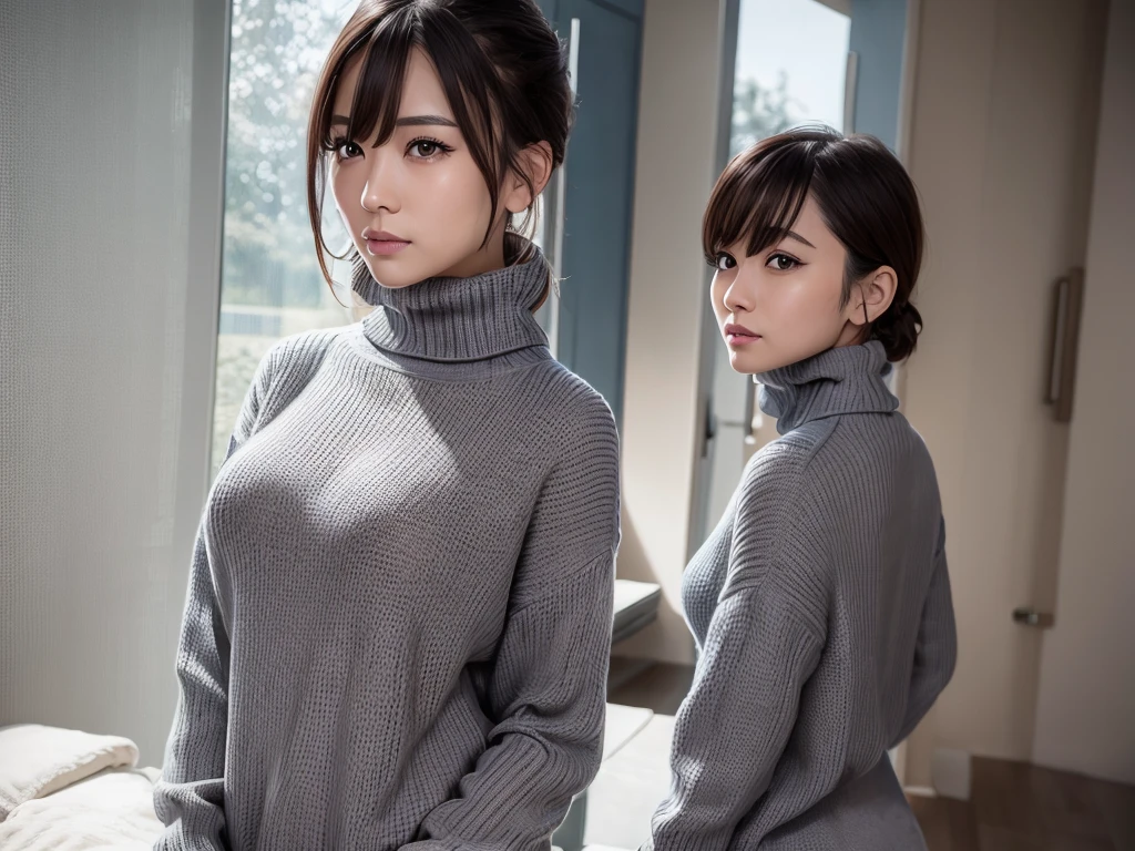 (((masterpiece, best quality,ultra-detailed,8k,high resolution))), (upper body),24 years old ,Japanese girl, 1girl, short hair, (Cover half face with a turtleneck sweater:1.5)