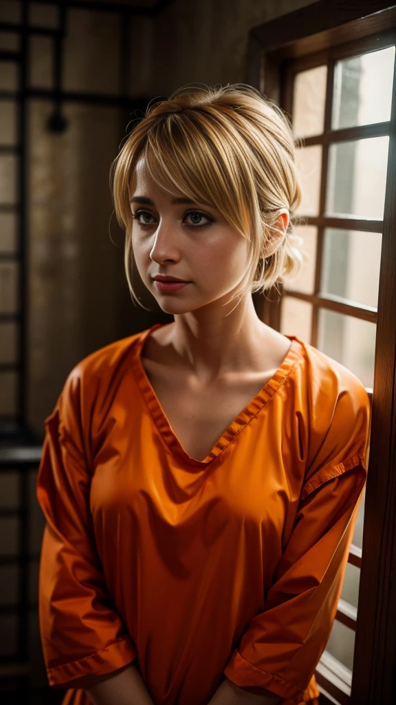 ((realism)), extremely high quality RAW photograph, detailed background, intricate, messy hair, Exquisite details and textures, highly detailed, Photo of (Allison Mack) in a prison cell, (wearing orange prison clothes:1.3), Looking away from the camera, ultra detailed photograph, warm lighting, artstation, 4k, sharp focus, high resolution, detailed skin, detailed eyes, 8k uhd, dslr, low harsh lighting, high quality, film grain, Fujifilm XT3, sad:1.3