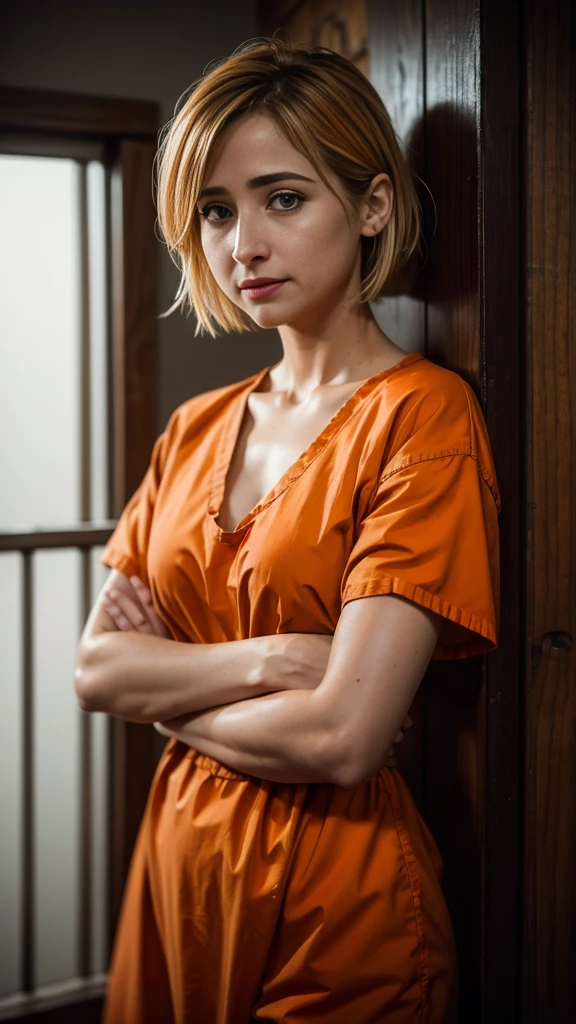 ((realism)), extremely high quality RAW photograph, detailed background, intricate, messy hair, Exquisite details and textures, highly detailed, Photo of (Allison Mack) in a prison cell, (wearing orange prison clothes:1.3), Looking away from the camera, ultra detailed photograph, warm lighting, artstation, 4k, sharp focus, high resolution, detailed skin, detailed eyes, 8k uhd, dslr, low harsh lighting, high quality, film grain, Fujifilm XT3, sad:1.3