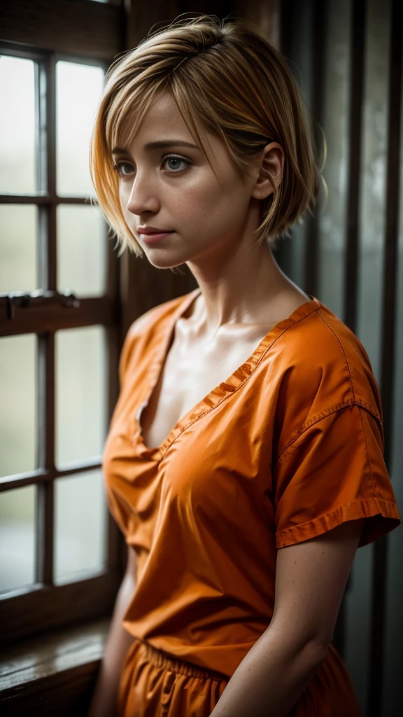 ((realism)), extremely high quality RAW photograph, detailed background, intricate, messy hair, Exquisite details and textures, highly detailed, Photo of (Allison Mack) in a prison cell, (wearing orange prison clothes:1.3), Looking away from the camera, ultra detailed photograph, warm lighting, artstation, 4k, sharp focus, high resolution, detailed skin, detailed eyes, 8k uhd, dslr, low harsh lighting, high quality, film grain, Fujifilm XT3, sad:1.3