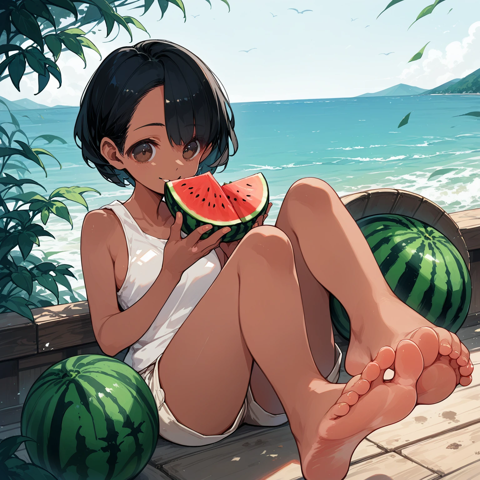 score_9, score_8_up, score_7_up, source_anime, high res image, masterpiece, best quality, 1 girl, Brown skin, shiny hair, ultra detailed eyes, eye highlights, short hair, black hair, brown eyes, white tank top, short shorts, smile,foot focus、 (eating watermelon:1.1), holding watermelon with both hands, verandah, japanese home, sitting, cetus,ocean in the distance