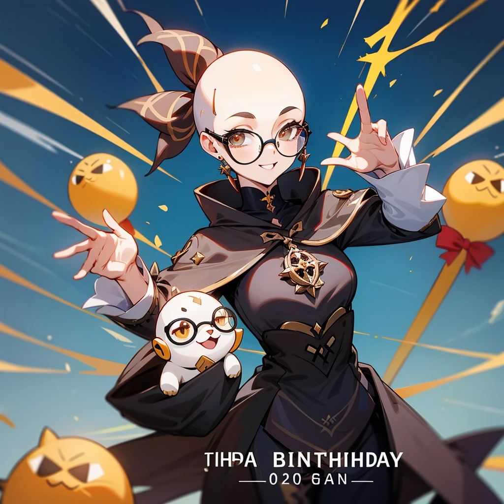 A Mona Megistus de Genshin Impact, She is happy and celebrating the birthday of a bald friend with a black beard wearing glasses 