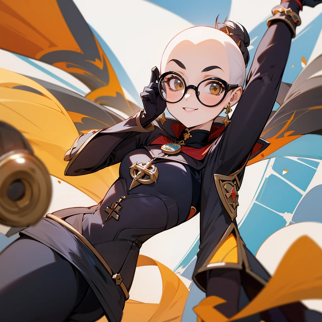 A Mona Megistus de Genshin Impact, She is happy and celebrating the birthday of a bald friend with a black beard wearing glasses