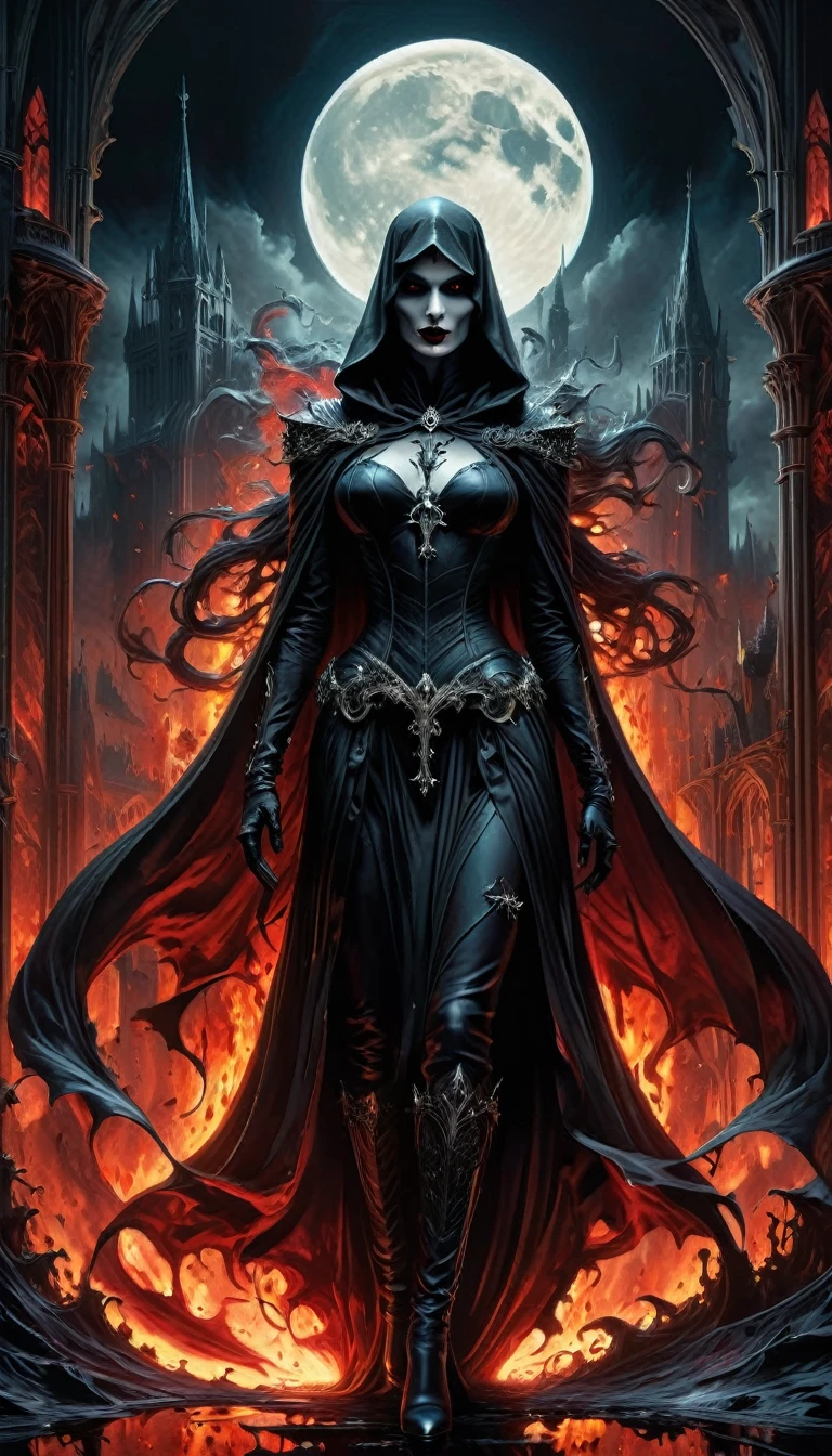 Ultra-wide-angle, photorealistic medieval gothic shot of an exciting fusion between Spawn and lady death resulting in a new character that embodies elements of both, people, see. Black Ink Flow - 8k Resolution Photorealistic Masterpiece - by Aaron Horkey and Jeremy Mann - Intricately Detailed. fluid gouache painting: by Jean Baptiste Mongue: calligraphy: acrylic: colorful watercolor, cinematic lighting, maximalist photoillustration: by marton bobzert: 8k resolution concept art, intricately detailed realism, complex, elegant, expansive, fantastical and psychedelic, dripping paint , in the chasm of the empire estate, night, blood moon, buildings, reflections