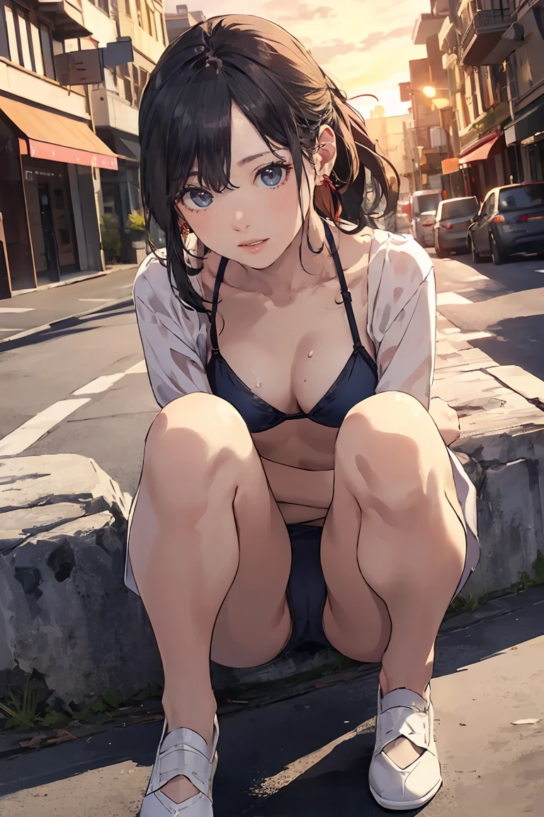 (High-resolution images, Atmospheric perspective, 8k, Very detailed, Accurate, Highest quality), woman, (bikini), avert your eyes, (Realistic eye size, Droopy eyes), Spread your legs, Squat, smile, Sweat, (Dark Downtime, sunset), Downtown Area), ((Very detaileded drawing luxury panties)), (((her long-スカート lining between her legs))), Long Hair, Small breasts、Browsing Caution