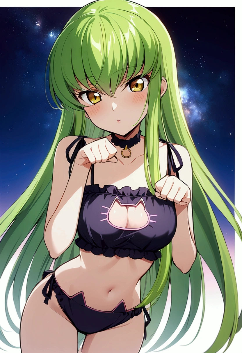 score_9, score_8_up, score_7_up,best quality,masterpiece,aesthetic,very aesthetic,anime style ,1girl, c.c., code geass,green hair, long hair,medium breasts:1.2, yellow eyes,(cat lingerie:1.3) ,cat cutout,cat lingerie bottom,navel,cowboyshot,,,straight-on,paw pose,  simplebackground,(whitebackground)