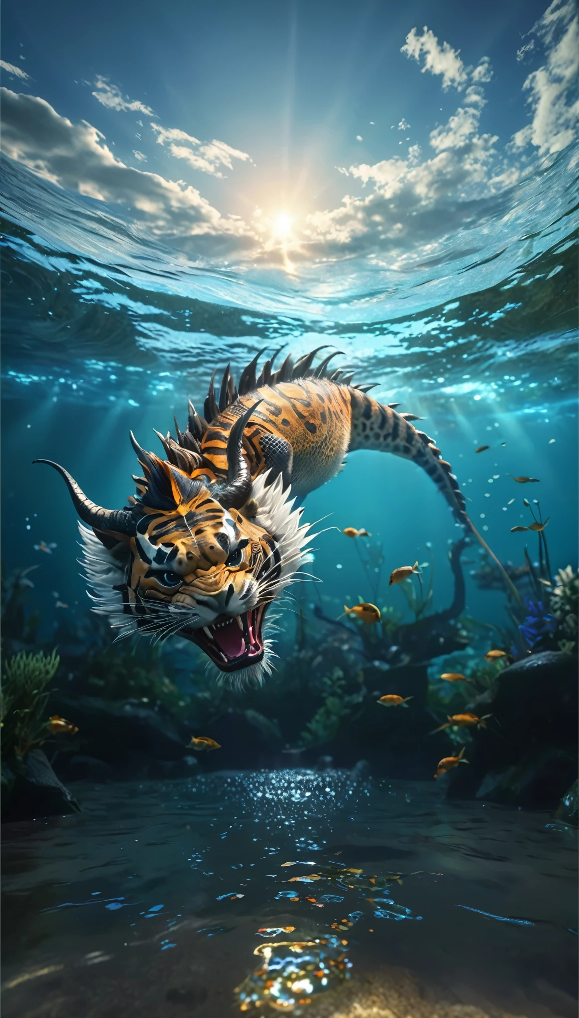 水中的一种Fantasy Creatures(best quality，4K，8k，High level，masterpiece：1.2），Ultra Detailed，（lifelike，Photo real，Photo real：1.37），Highly detailed animals，Complex patterns，Realistic lighting，Fantasy Creatures