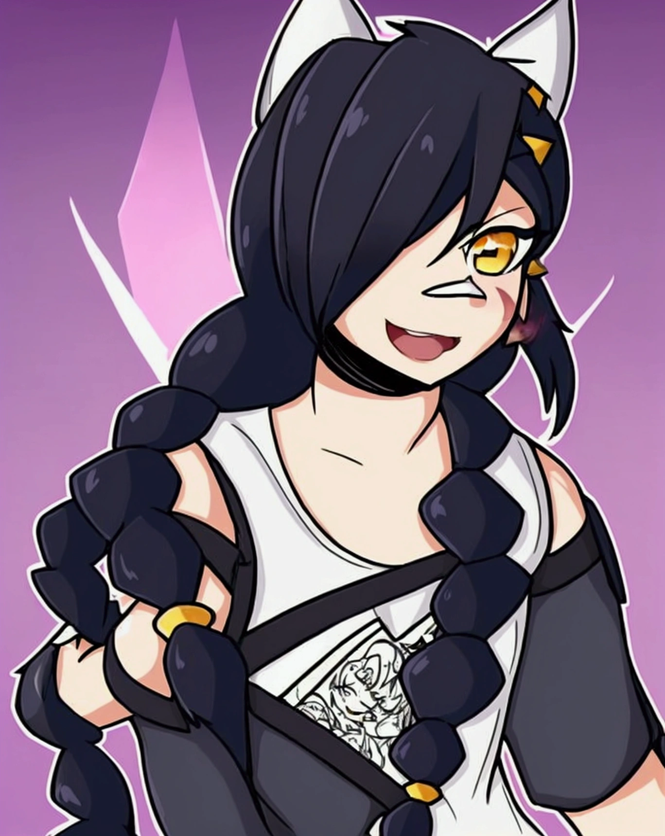 1 girl, Alone, by the wide, looking at the viewer, black fur, bandage on face, yellow eyes, animal ears, smile, bandage on nose, braid, cat ears, bandage, hits, old, fake animal ears, simple background, open mouth, Canine, , bare shoulders, scar, teeth, shirt, bare shoulders, white shirt, short sleeves, Closed mouth, t-shirt, hair over one eye, portrait, if, hair over the shoulder, Bermuda,old aún más grandes