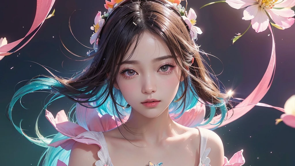 One girl, alone, flower畑, flower, (Official Art, unity 8k wallpaper, Super detailed, beautifully、aesthetic, masterpiece ,Highest quality:1.3), (Dynamic Angle:1.2), (Floating colorful sparkles:1) , elegant, Vibrant colors, Highly detailed face, Detailed eyes, Glowing Skin, Glossy Lips ,