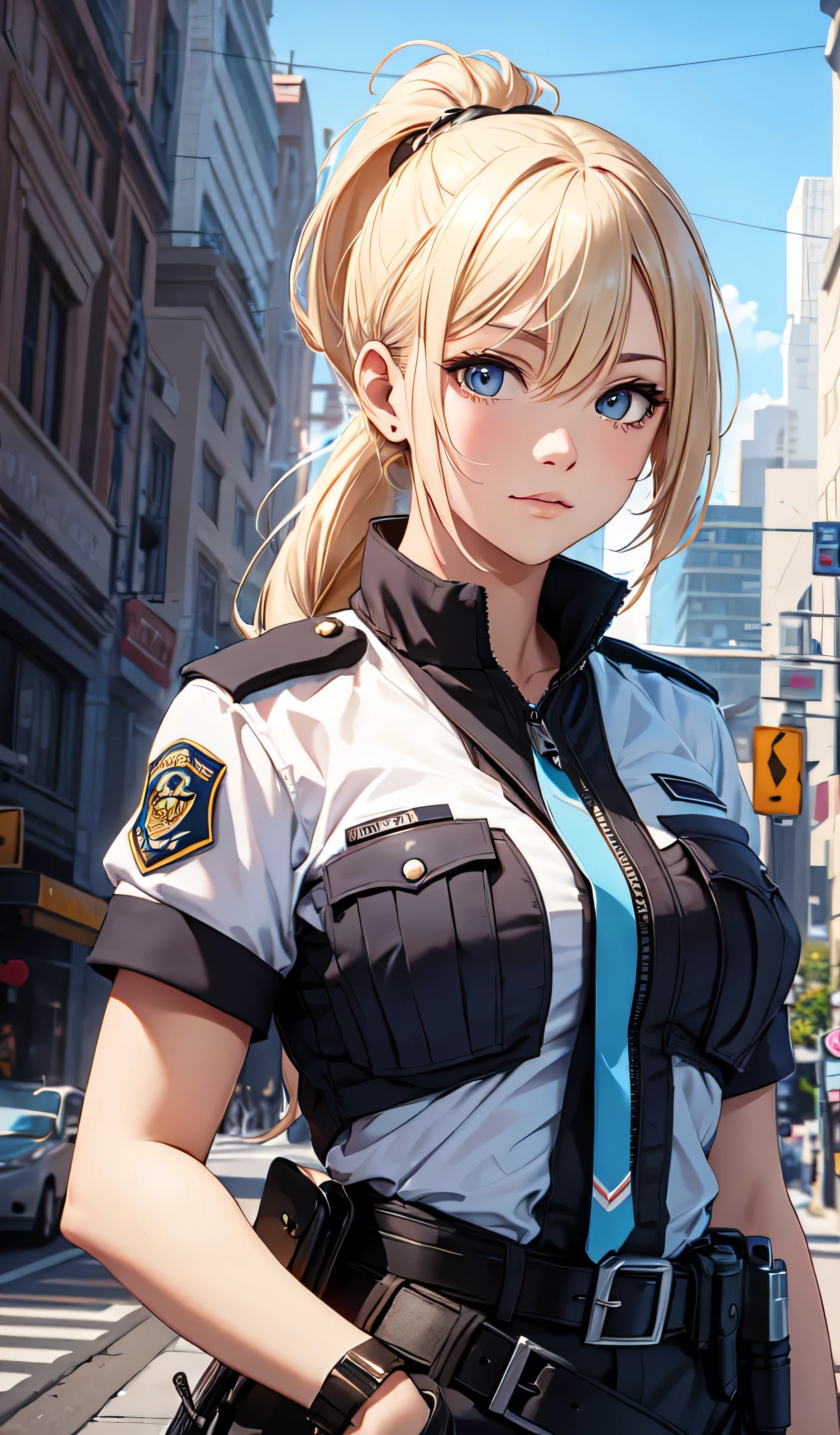 beautiful detailed girl, police uniform, blonde hair, ponytail