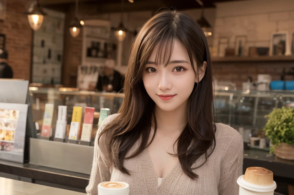 masutepiece, Best Quality, Illustration, Ultra-detailed, finely detail, hight resolution, 8K Wallpaper, Perfect dynamic composition, Beautiful detailed eyes, Long sleeve knit with shoulder extension,Bob Hair, mid-chest, Natural Color Lip, Random and sexy poses,Smile,20 years girl,Colossal tits,cafes,Coffee,Emphasis on the chest