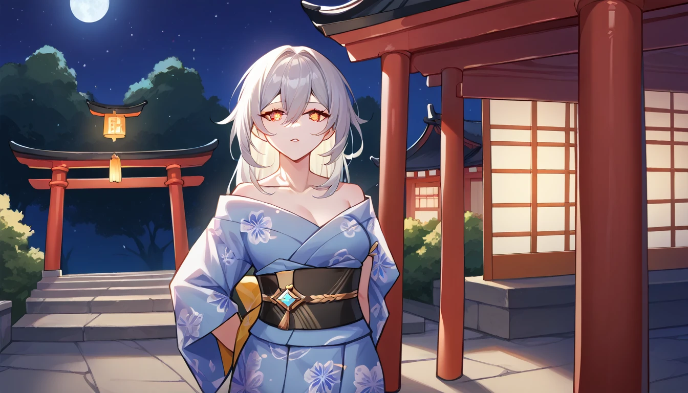 1girl, stelle \(honkai star rail\), (love-shaped eyes, symbol shaped eyes), yukata, kimono, obi, print kimono, japanese clothes, short kimono, outdoors, night, torii, shrine, east asian architecture, arms behind back, parted lips, golden eyes, upper body, white hair, 