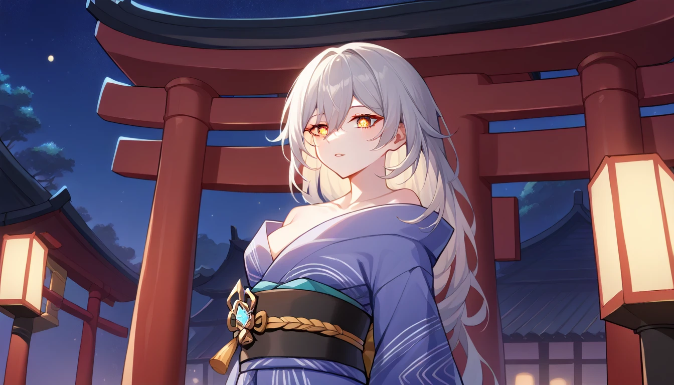 1girl, stelle \(honkai star rail\), (love-shaped eyes, symbol shaped eyes), yukata, kimono, obi, print kimono, japanese clothes, short kimono, outdoors, night, torii, shrine, east asian architecture, arms behind back, parted lips, golden eyes, upper body, white hair,