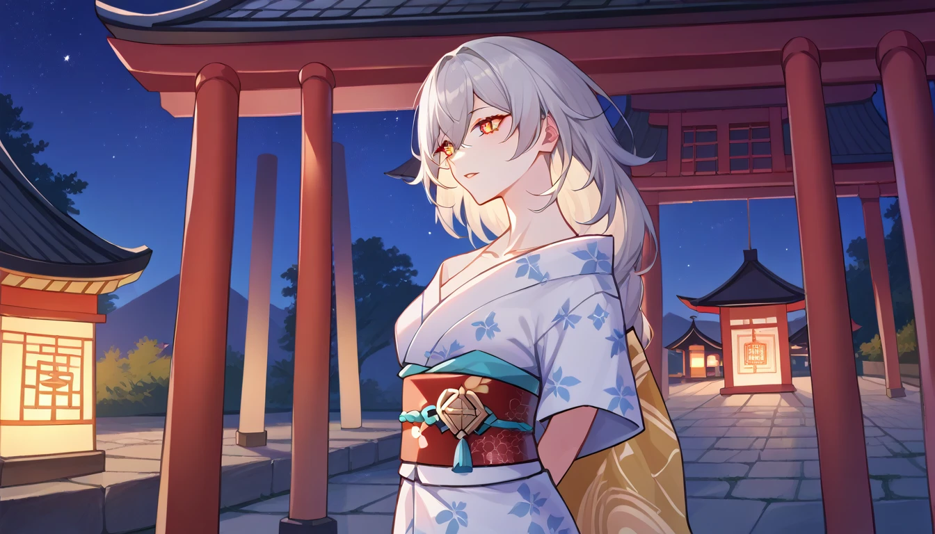 1girl, stelle \(honkai star rail\), (love-shaped eyes, symbol shaped eyes), yukata, kimono, obi, print kimono, japanese clothes, short kimono, outdoors, night, torii, shrine, east asian architecture, arms behind back, parted lips, golden eyes, upper body, white hair, 