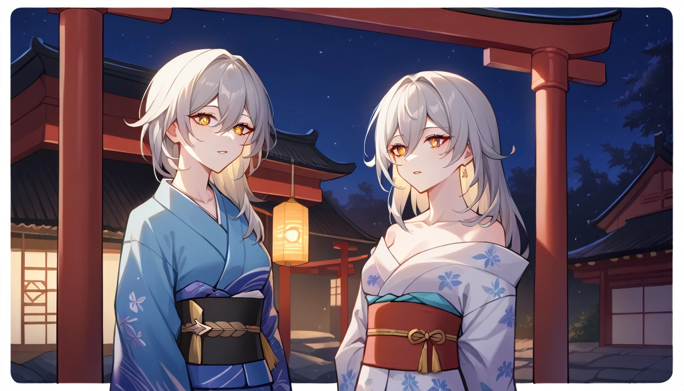 1girl, stelle \(honkai star rail\), (love-shaped eyes, symbol shaped eyes), yukata, kimono, obi, print kimono, japanese clothes, short kimono, outdoors, night, torii, shrine, east asian architecture, arms behind back, parted lips, golden eyes, upper body, white hair, 