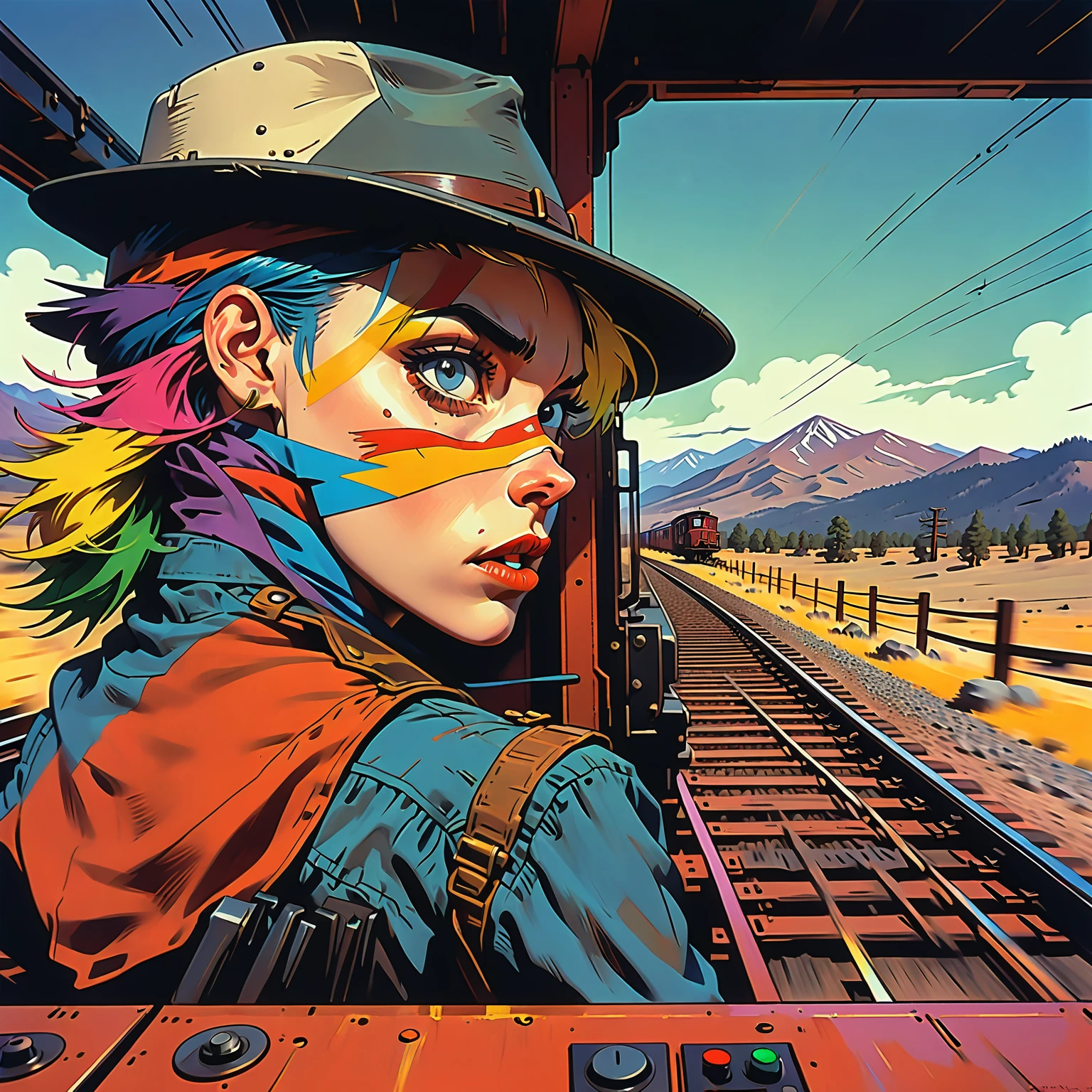 Tank Girl, riding the rear brakeman's end of the caboose, outfit distinct homage to cobow western, (jamie hewlett style reference), upclose zoom, portrait, candid, close-up of face, hand drawn, cartoon, animated, 1990's comic, (full roygbiv color) ink charcoal expressive illustration, sense of movement and energy as the train rides through the sierra ranges, background the western plains in the distance, no light source, darkness, light mask uv rays across face, absurd, with rich color grading, cel shading, warm and unified colors, rotoscope, animated, VHS, glitch, distorted, nostalgia, 90's retro vibe, hyper maximal, strange, hyperrealistic, rotoscope expressive ink bold line hand drawn, in a cinematic style, analog tape, vcr aesthetics, tv, television, hand drawn, minimal, precise, 
