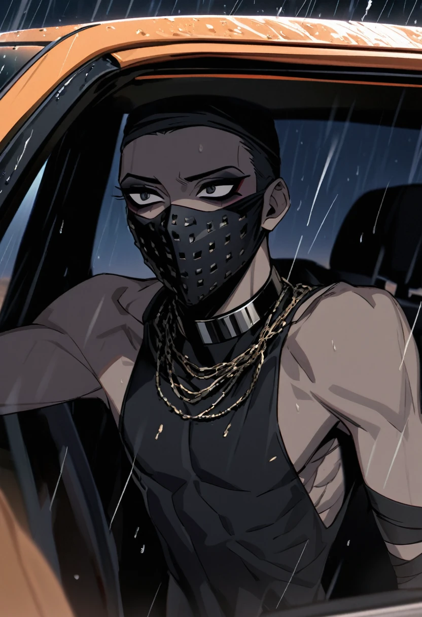 Male arab modern terrorist, terrorist, black bandage balaclava, black bandage, black clothes, thin waist, skinny body, femboy, light skin, makeup, black eyeliner, big eyelashes, black eyeshadow, metal choker, light tanned skin, inside the car, desert, rain, night