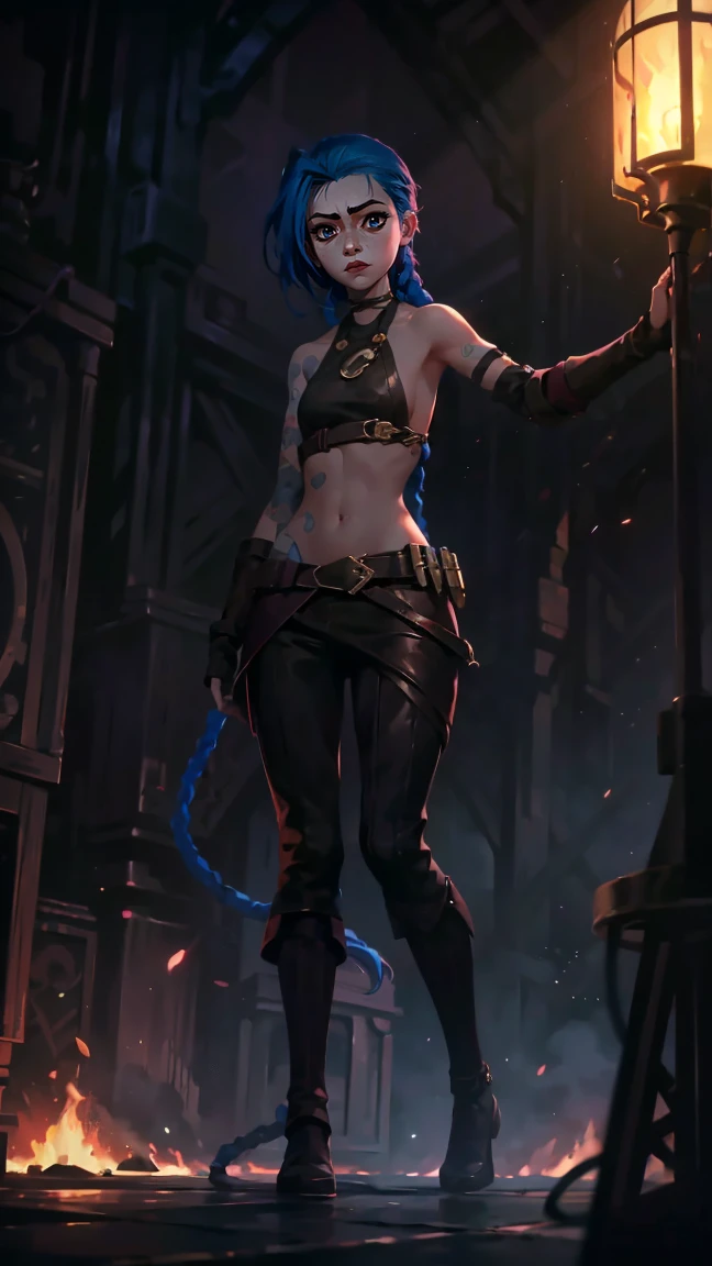 (masterpiece, Best quality), 1 girl, portrait very detailed face, very sexy, bare chest, Volume , full length (full body 1.1.), crazy look, smile, crying, pink tears, tears on the cheeks, tears from eyes, очень feminine, fighting stance, battle, fire, explosions, burning city, beautiful waist, gloomy composition, flame, fire, Flash, very beautiful, feminine, long hair, hair braided in long braids, very sexy, tight leather pants, emphasis on the eyes, emphasis on the face, Beautiful face, hands, Косаed ponytail, red purple eyes, Джинкс crying, Blue cloud tattoo, (masterpiece, Best quality), Side lighting, beautiful detailed eyes, crazy face), (Best quality), (masterpiece), magic photography, Spectacular lighting, photorealism, ultra detailed, intimate portrait composition, 1. 4,8 K UHD, aesthetic, Cd., a high resolution, 8 K, Better lighting, Best shade, Ultra-HD, a high resolution, Sharp Focus, complex background, cinematic lighting, ((Landscape view)), 4K block, (Better lighting), ((cinematic lighting)),