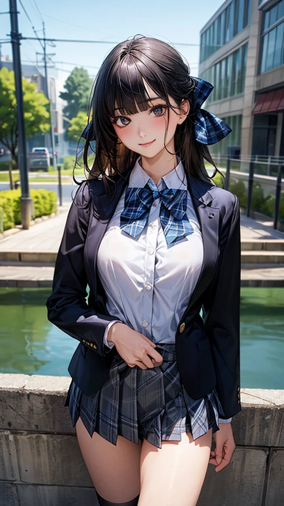 (masterpiece:1.2, top-quality), (realistic, photorealistic:1.4), beautiful illustration, (natural side lighting, movie lighting), nsfw, 
looking at viewer, cowboy shot, front view:0.6, 1 girl, japanese, high school girl, perfect face, cute and symmetrical face, shiny skin, 
(long hair:1.8, straight hair:1.7, black hair), blunt bangs, gold eyes, long eye lasher, (large breasts:0.8, thick thighs), 
beautiful hair, beautiful face, beautiful detailed eyes, beautiful clavicle, beautiful body, beautiful chest, beautiful thigh, beautiful legs, beautiful fingers, 
((white collared shirts, black jacket, grey pleated mini skirt, black socks, black loafers, blue plaid bow tie)), 
(beautiful scenery), evening, riverside, standing, (lovely smile, upper eyes), 