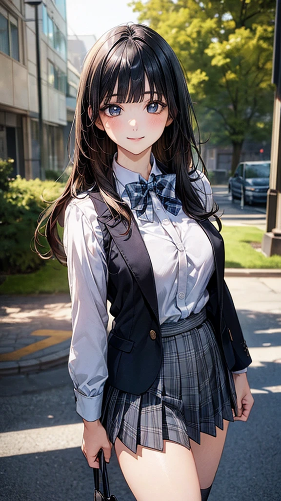(masterpiece:1.2, top-quality), (realistic, photorealistic:1.4), beautiful illustration, (natural side lighting, movie lighting), nsfw,
looking at viewer, cowboy shot, front view:0.6, 1 girl, japanese, high school girl, perfect face, cute and symmetrical face, shiny skin,
(long hair:1.8, straight hair:1.7, black hair), blunt bangs, gold eyes, long eye lasher, (large breasts:0.8, thick thighs),
beautiful hair, beautiful face, beautiful detailed eyes, beautiful clavicle, beautiful body, beautiful chest, beautiful thigh, beautiful legs, beautiful fingers,
((white collared shirts, black jacket, grey pleated mini skirt, black socks, black loafers, blue plaid bow tie)),
(beautiful scenery), evening, riverside, standing, (lovely smile, upper eyes),