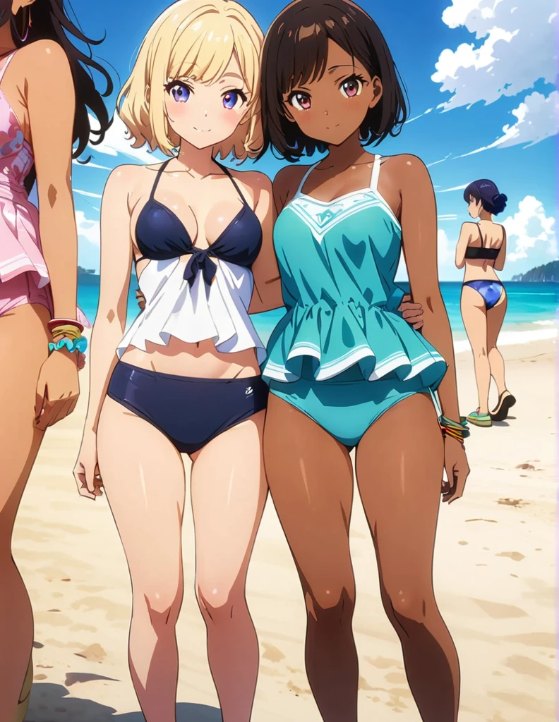 (anime artwork, anime style, studio anime, very detailed, up to date, vibrant, Anime Coloring, high contrast, masterpiece:1.2, best quality, best aesthetics),2 girl,hug from behind,bikini, Medium chest, A glimpse of thighs,random hair, One eye is hidden by the bangs, perfect proportions, high detail skin, Cute, detailed faces,beach, precise fingers,curvy,swim suits  crowd, dark skin,cocoa skin, swim suit tanned,full body 