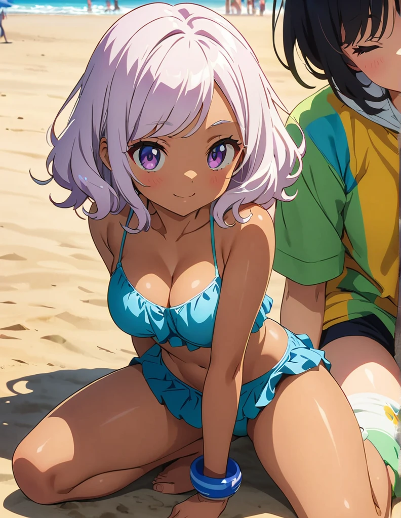 (anime artwork, anime style, studio anime, very detailed, up to date, vibrant, Anime Coloring, high contrast, masterpiece:1.2, best quality, best aesthetics),2 girl,hug from behind,bikini, Medium chest, A glimpse of thighs,random hair, One eye is hidden by the bangs, perfect proportions, high detail skin, Cute, detailed faces,beach, precise fingers,curvy,swim suits  crowd, dark skin,cocoa skin, swim suit tanned,full body 