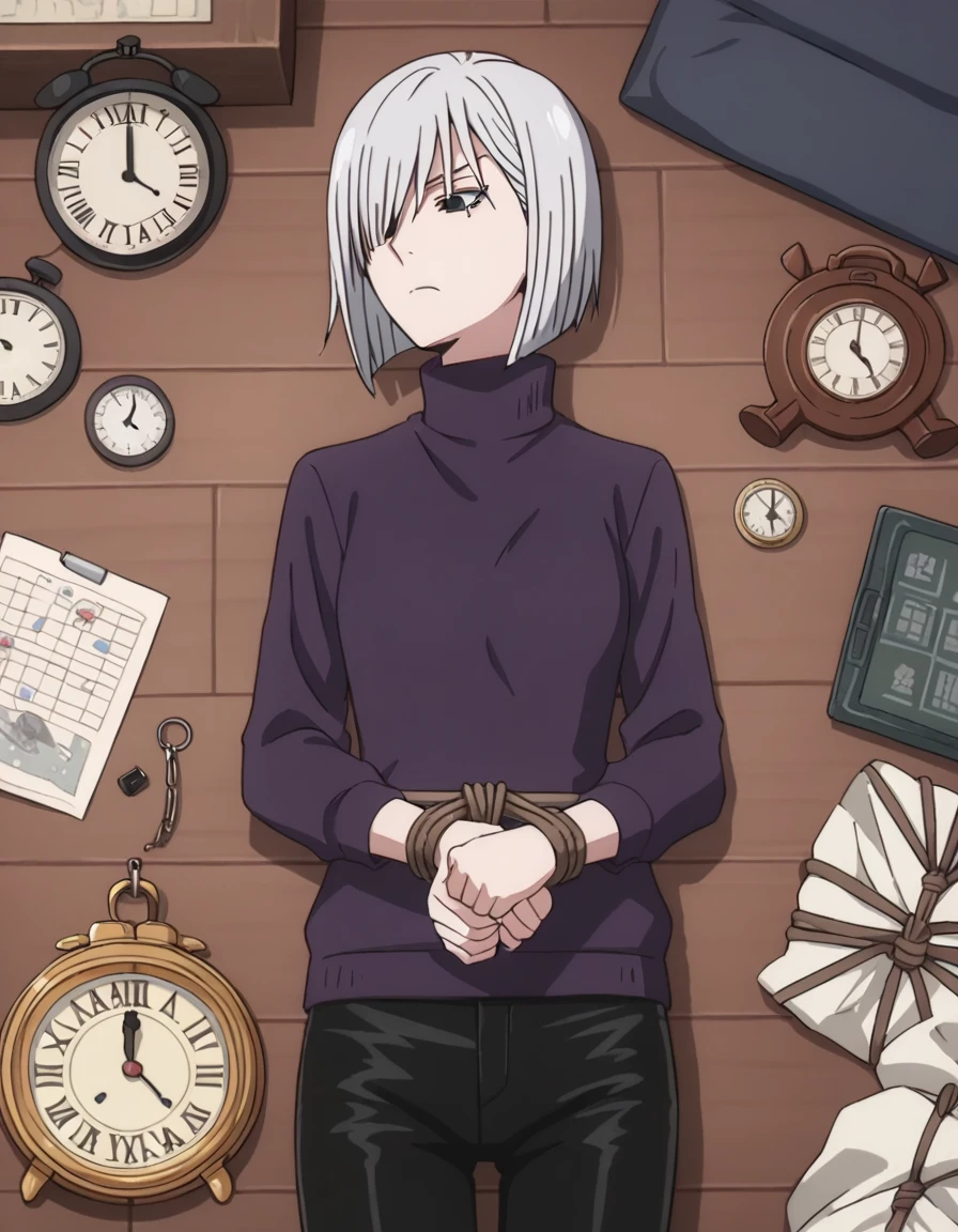 score_9, score_8_superior, score_7_superior, sauce_anime,
Fiona Frost, Fiona Frost, Gray Hair, short hair, Hair on one eye, Grey Eyes,
Long sleeve, pants, sweater, turtleneck, black pants, clock, turtleneck sweater, wristclock, purple sweater,
indoor,Tied up with rope,gag,Lying down,Struggling,