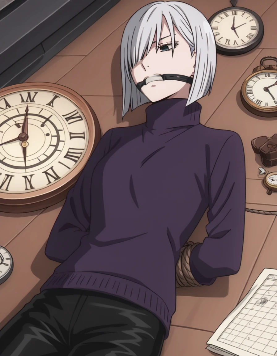 score_9, score_8_superior, score_7_superior, sauce_anime,
Fiona Frost, Fiona Frost, Gray Hair, short hair, Hair on one eye, Grey Eyes,
Long sleeve, pants, sweater, turtleneck, black pants, clock, turtleneck sweater, wristclock, purple sweater,
indoor,Tied up with rope,gag,Lying down,Struggling,