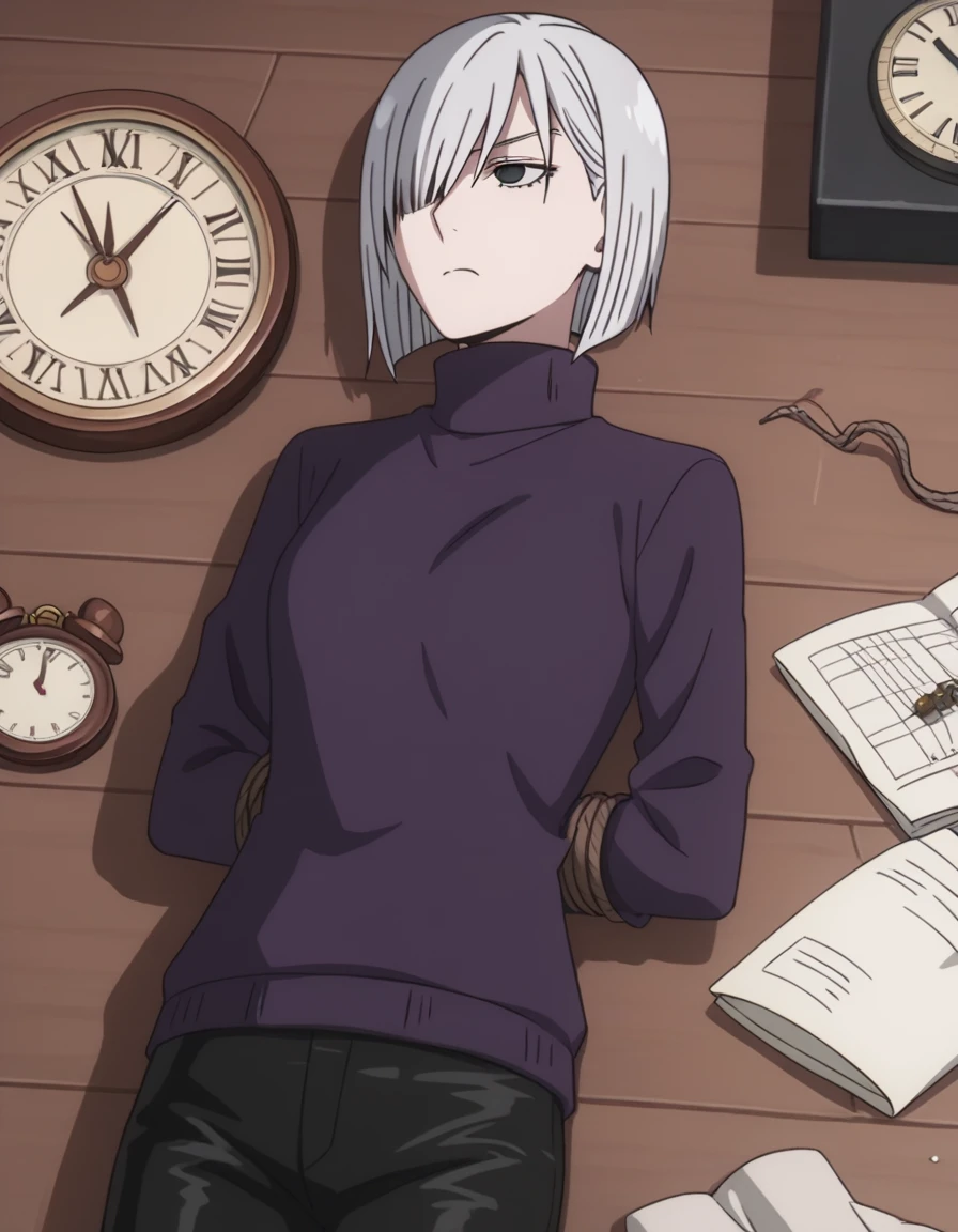 score_9, score_8_superior, score_7_superior, sauce_anime,
Fiona Frost, Fiona Frost, Gray Hair, short hair, Hair on one eye, Grey Eyes,
Long sleeve, pants, sweater, turtleneck, black pants, clock, turtleneck sweater, wristclock, purple sweater,
indoor,Tied up with rope,gag,Lying down,Struggling,