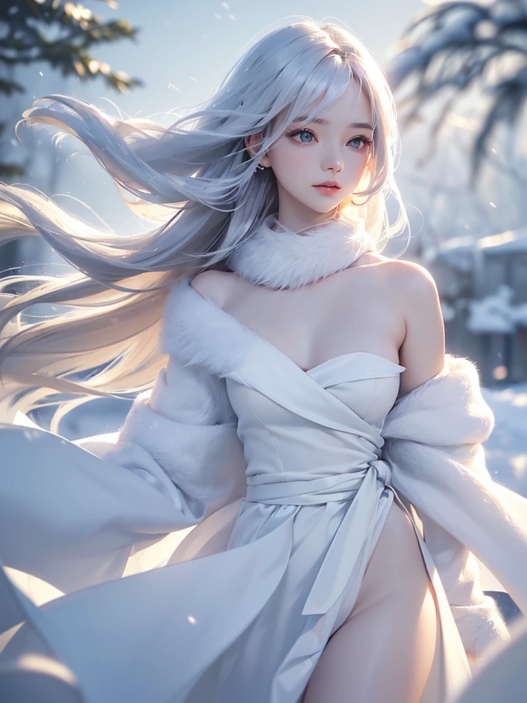 ((masterpiece:1.5、8k、Portraiture、フォトリアリスティックでVery detailedなCG、Very detailed、Particle Effects、Dynamic Effects、Shallow depth of field、Cinematic Light、Lens flare、Ray Tracing、Tabletop、Realistic:1.4、Ultra-high resolution:1.2、Realistic、Realistic))((alone、,Woman wearing a white fur coat over an off-the-shoulder dress:1.4、wear a long scarf、Elegant woman posing、Detailed face、bright表情、young, bright, Whiter skin、Ample breasts、Best Looks、Ultimate beauty、Shiny silver hair with highlights、bright and shiny hair,、Super long, Silky straight hair、Hair dancing in the wind))(morning、The setting is outdoors in the snow、Surrounded by illuminations)