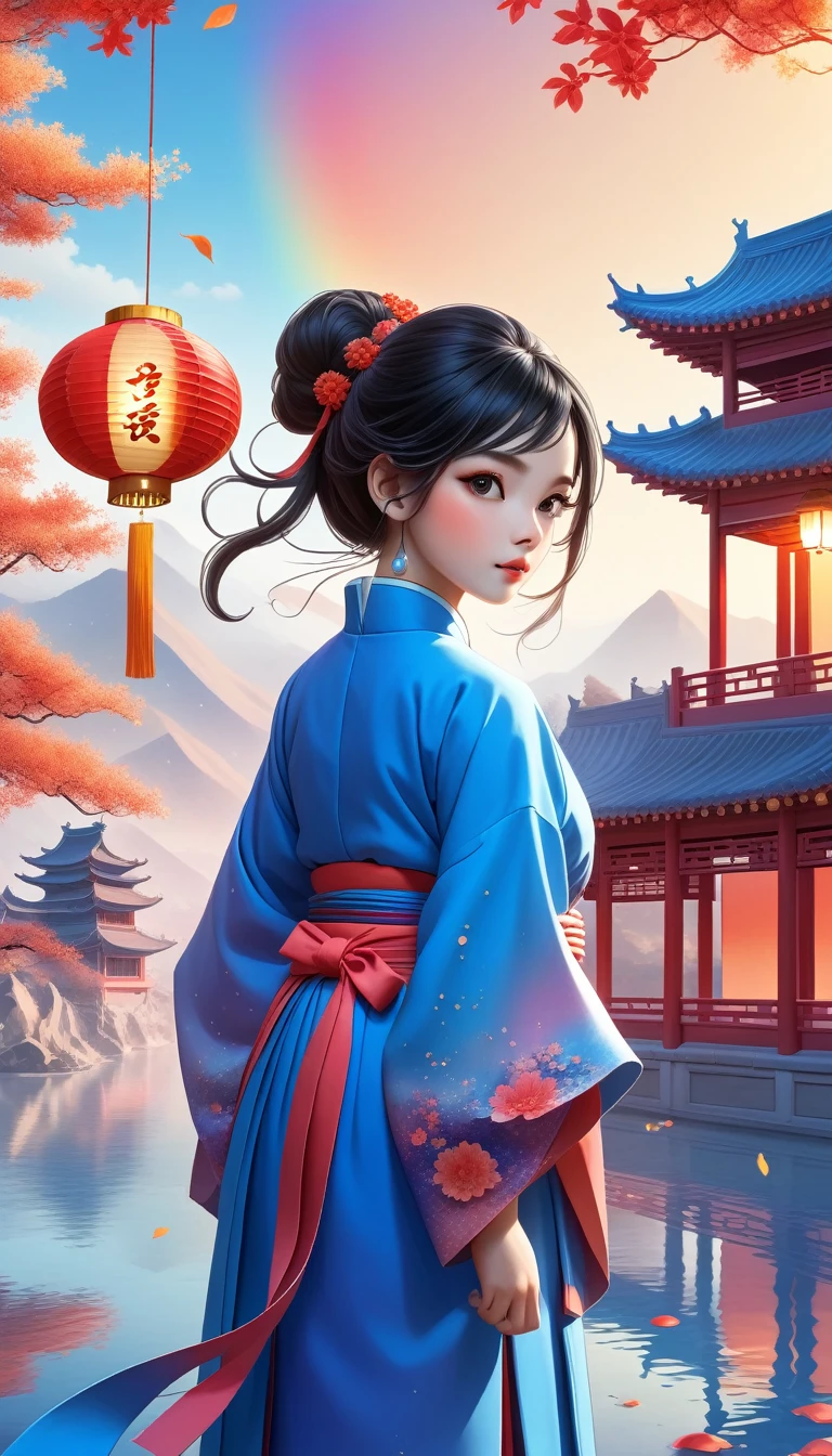 official art, unity 8k wallpaper, ultra detailed, beautiful and aesthetic, masterpiece, best quality, (Fire, water, ribbon, paper cutting), (fractal art:1.3) 1girl,building, (solo:1.5), chinese_clothes, sky, outdoors, wide_sleeves, black_hair, sunset, (falling_leaves:1.2), antern, (paper_lantern:1.5),blue sky, (outdoors:1.5),hanfu, (rainbow-candy:0.8), (style-swirlmagic:0.8),