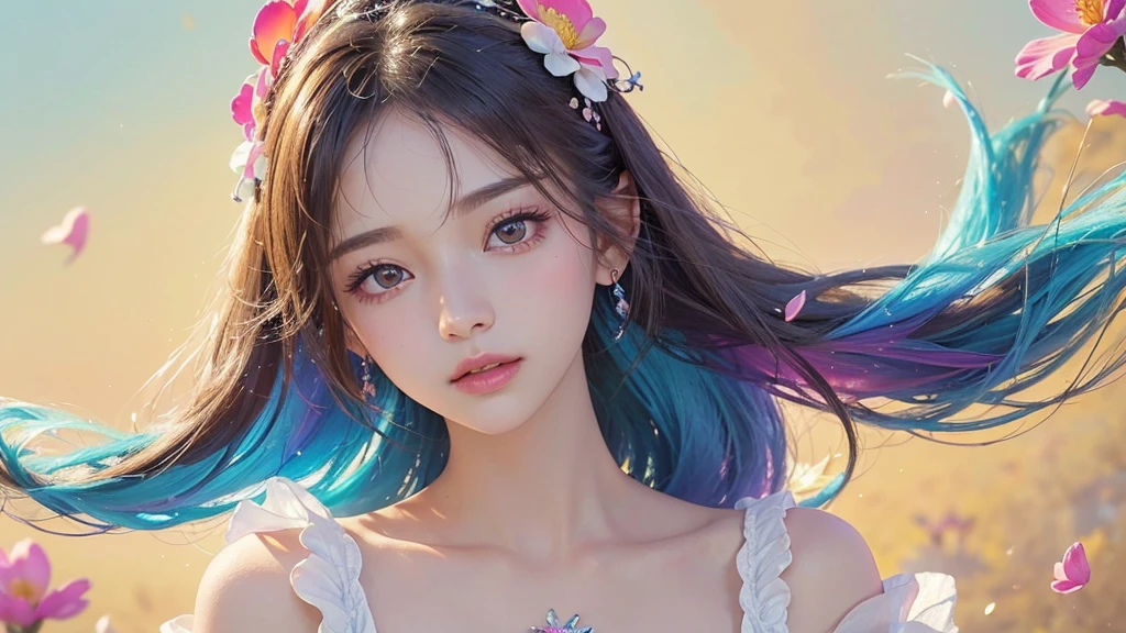 One girl, alone, flower畑, flower, (Official Art, unity 8k wallpaper, Super detailed, beautifully、aesthetic, masterpiece ,Highest quality:1.3), (Dynamic Angle:1.2), (Floating colorful sparkles:1) , elegant, Vibrant colors, Highly detailed face, Detailed eyes, Glowing Skin, Glossy Lips , Pale yellow background,